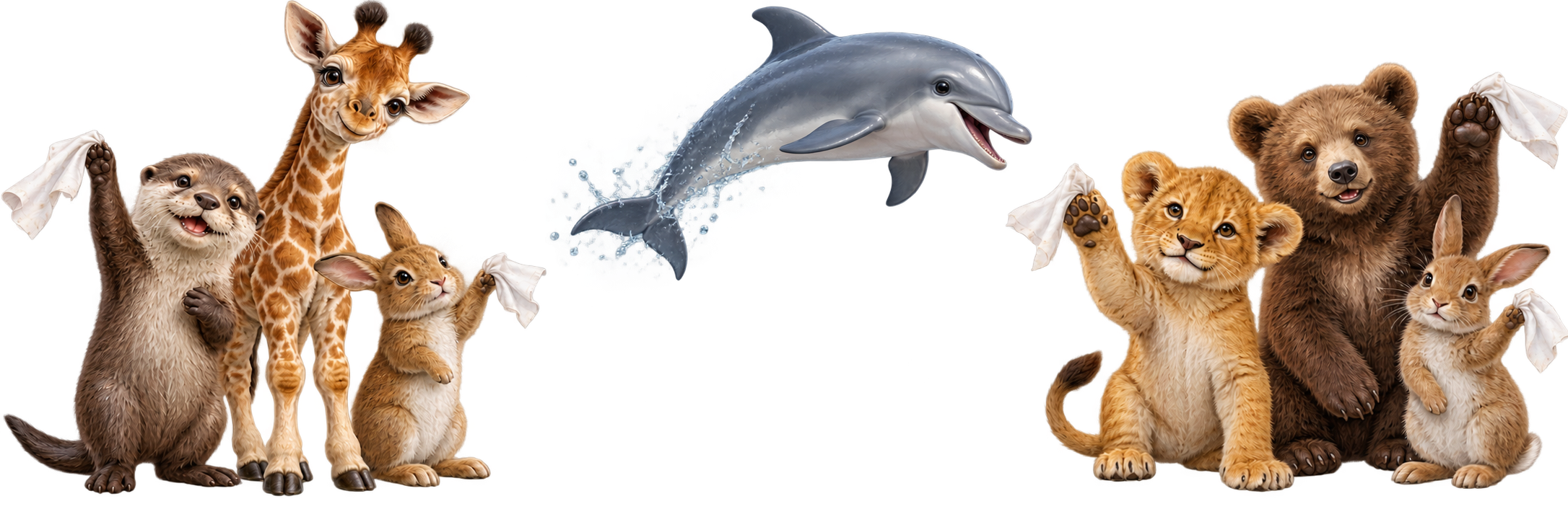 Baby otter, giraffe, rabbits, lion and bear wave goodbye as a dolphin leaps over the former logo